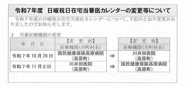 令和7年度（追加変更）日曜在宅医カレンダー